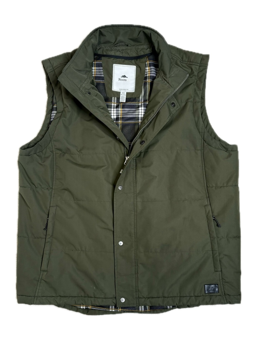Roots Traillake Mens Insulated Vest Size 2XL Olive Full Zip Plaid Fleece Lined